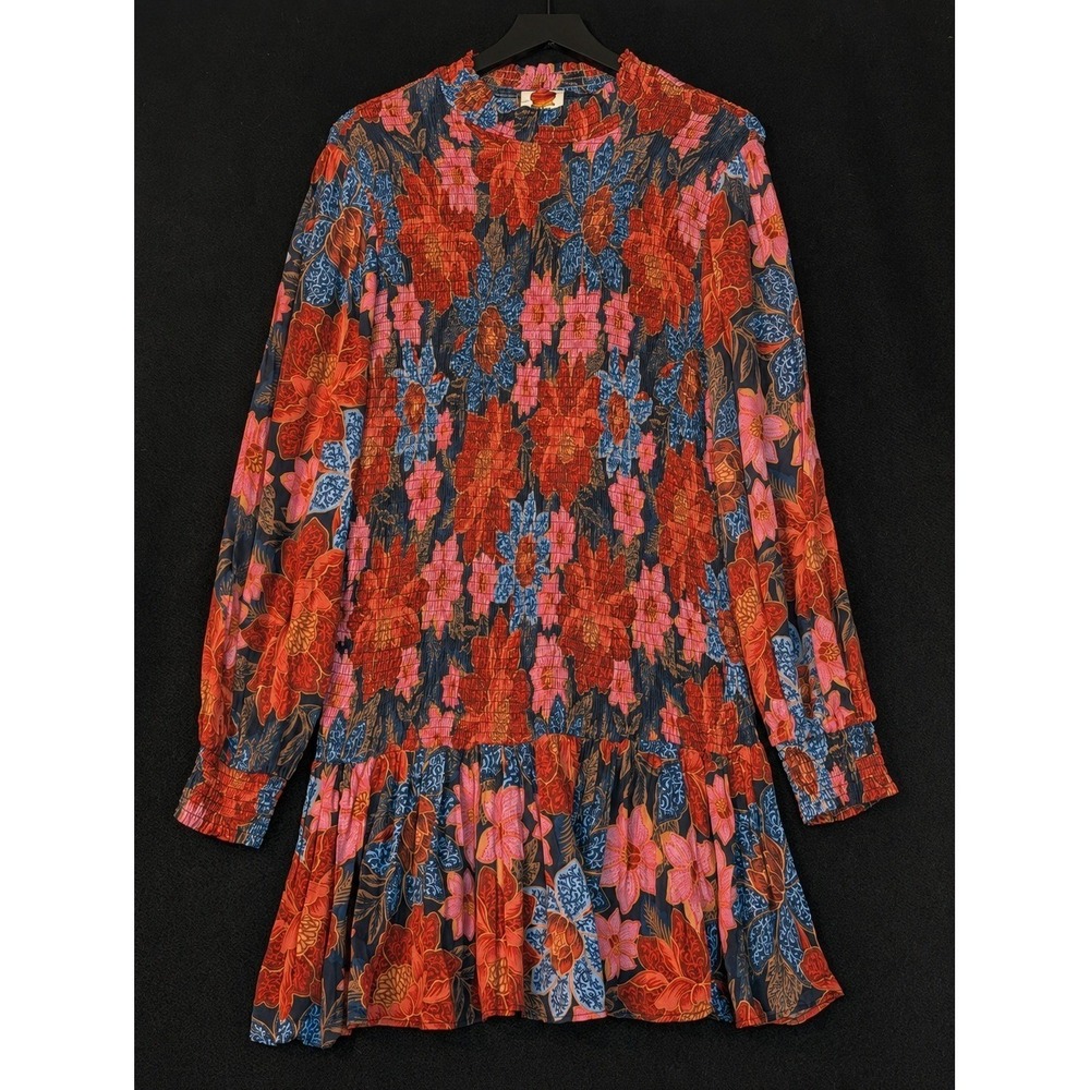FARM Rio Floral Smocked Mini Dress L Long Sleeve Ruffle Hem 100% Viscose Boho
